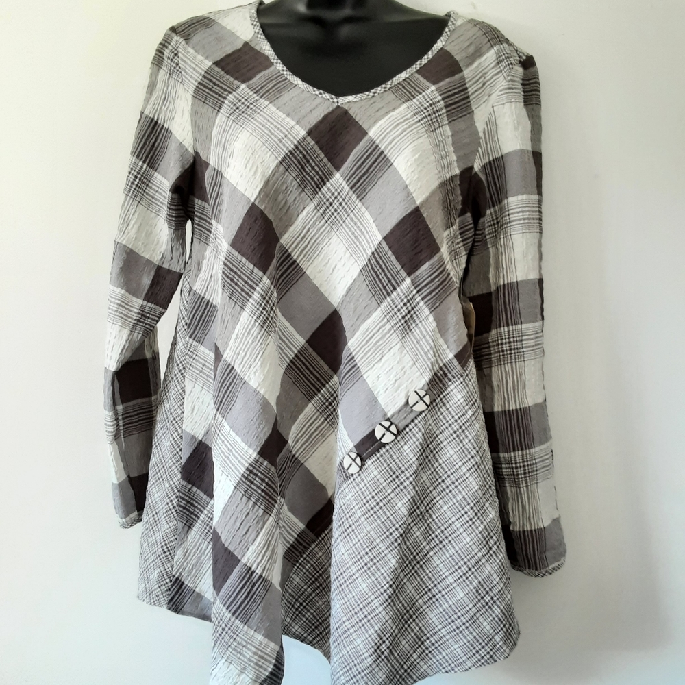 "Habitat Clothes to Live In " Plaid Asymmetrical Lagenlook Tunic Top NWT